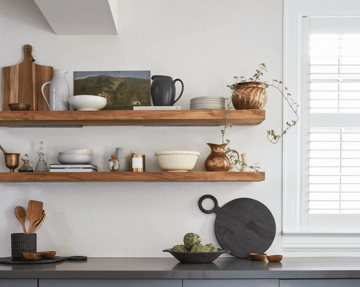 How to decorate floating shelves in dining room